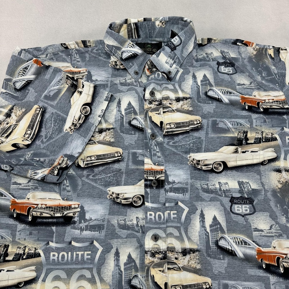 RedHead Shirt Mens 2XL Blue Route 66 Classic Car Print Button Front Cotton
